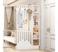Biombo de madera para hall de entrada con perchero, pantalla de privacidad espacio de almacenamiento en varios niveles, separador independiente decoración de entrada(White+White,100cm/39.4in)