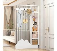 Biombo de madera para hall de entrada con perchero, pantalla de privacidad espacio de almacenamiento en varios niveles, separador independiente decoración de entrada(White+Black,140cm/55.1in)