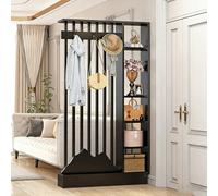 Biombo de madera para hall de entrada con perchero, pantalla de privacidad espacio de almacenamiento en varios niveles, separador independiente decoración de entrada(Black+Black,140cm/55.1in)