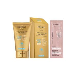 Biopoint Solaire - Crema solar sublimante para la cara, factor de protección solar 50 con aceleración del bronceado, antioxidante e hidratante, 50 ml, con muestra de champú Extreme Repair 10 ml