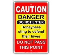 Biopracess - Cartel de lata con texto en inglés "New Caution Danger Do Not Enter Honeybees Sting To Defend Their Hives Do Not Pass This Point", color rojo, 20,3 x 30,5 cm