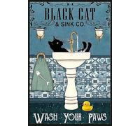 Biopracess Póster de metal para decoración de baño, diseño de gato negro con texto en inglés "Wash Your Pat", 20,3 x 30,5 cm
