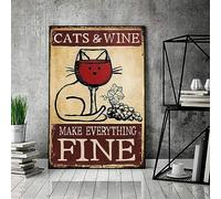 Bioprocess Cartel de metal con diseño de gato y vino para decorar la pared, 8 x 12 pulgadas