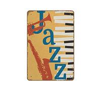 Bioputty Póster de jazz, regalo de músico, instrumentos musicales, trompeta, saxofón, piano, arte de pared, decoración vintage, amarillo, rojo, azul, novedad, retro, letrero de metal para decoración