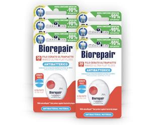 Biorepair , hilo dental antibacteriano encerado ultraplano, con MicroRepair® para espacios reducidos, para cuidado bucal, ideal para dientes sensibles, sabor a menta fresca, paquete de 6 x 30 metros
