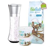 BioSalt Sal Marina Virgen Ecológica Pack Gourmet 2 x 200 g Fina + 650 g Extra Gruesa + Molinillo Gratis! Sal Natural Premium sin Refinar, Rica en Minerales Cocina Saludable + eBook Recetas Incluido