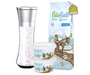 BioSalt Sal Marina Virgen Ecológica Pack Gourmet 2 x 200 g Fina + 650 g Extra Gruesa + Molinillo Gratis! Sal Natural Premium sin Refinar, Rica en Minerales Cocina Saludable + eBook Recetas Incluido