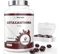 BIOTARY Astaxantina 8 mg 200 cápsulas softgel de alga Haematococcus pluvialis con vitamina E y pastillero suministro para 6.5 meses 100% vegano fórmula pura calidad comprobada