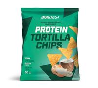 BioTechUSA Protein Tortilla Chips | Aperitivo salado rico en proteínas | Crujientes tortilla chips con proteínas | Proteína de avena y guisante | Vegano | 3*50g, Cebolla y crema agria