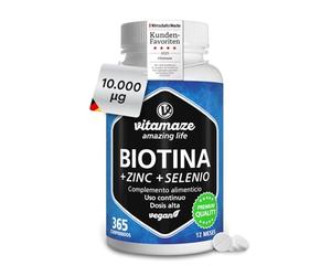 Biotina 10.000 mcg Zinc y Selenio (1 Año) - Biotina para Cabello Piel y Uñas - Crecimiento del Cabello y Anticaída - Vitaminas para Pelo y Uñas Fuertes - Sin aditivos, Vitamaze
