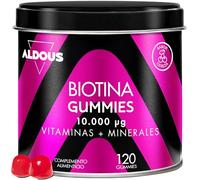 Biotina 120 Gominolas 10.000mcg - Vitaminas para el pelo - Sabor Cereza | Multivitaminas, Acido Folico, Zinc, Selenio, Yodo - Cabello, Piel y Uñas - Vitamina y Minerales - ALDOUS