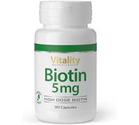 Biotina 5000 mcg 5 mg Cápsulas. Vitamina B7 alta dosis. Cabello piel y uñas. 90 cápsulas veganas. 3 meses. Sin aditivos. Vitality Nutritionals by Vitamin Express