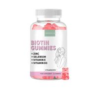 Biotina Gummies 10.000 mcg Sabor Fresa - Gominolas de Biotina con Selenio y Zinc para el Cabello, Piel y Uñas - Vitaminas para el Cabello con Vitamina E y D3 - Vegano, No-GMO, Sin Gluten, 60 Unidades
