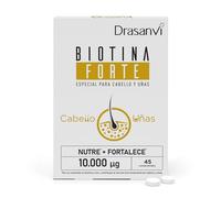 Drasanvi Biotina Forte 10.000 µg | Biotina para el Cabello, Piel y Uñas con Zinc y Hierro | Alta Potencia 20.000% VRN | 45 Comprimidos | Vegano