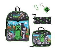 Juego de 5 piezas de Minecraft: mochila de 16 pulgadas, fiambrera, estuche de utilidad, llavero de goma y mosquetón, Multi colorido, Talla unica
