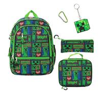 Bioworld Minecraft Backpack Set (Little Big Kid) Mochila, Bolsa de Utilidad, Llavero, mosquetón, Kit de Almuerzo, ['Verde 1'], ['One Size'] (Pack de 5) Unisex niños