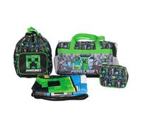 Bioworld Minecraft Creeper - Juego de viaje de 4 piezas, bolsa de lona, mochila con cordón, manta y bolsa de aseo