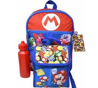 Bioworld Super Mario - Juego de mochila roja de 5 piezas de 16 pulgadas, bolsa de almuerzo, botella de agua, clip de mosquetón y soporte para identificación, color azul