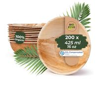 BIOZOYG 200x Cuenco de hoja de palma 425 ml redondo - Plato hondo desechable para sopa, cuenco para ensalada compostable - Vajilla de fiesta sostenible