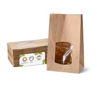 BIOZOYG Bolsas de papel con fondo biodegradables tamaño L con ventana 500 uds. Bolsas de papel kraft sin recubrimiento con ventana de bioplástico PLA bolsas para galletas, bolsas para té, etc
