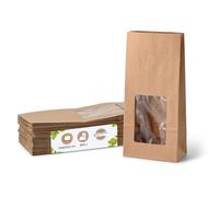 BIOZOYG Bolsas de papel con fondo biodegradables tamaño M con ventana 500 uds. bolsas de papel kraft sin recubrimiento con ventana de bioplástico PLA bolsas para galletas, bolsas para té, etc