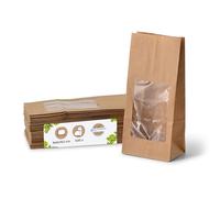 BIOZOYG Bolsas de papel con fondo biodegradables tamaño S con ventana 500 uds. bolsas de papel kraft sin recubrimiento con ventana de bioplástico PLA bolsas para galletas, bolsas para té, etc
