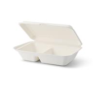 BIOZOYG Cuenco orgánico desechable biodegradable de bagazo de caña de azúca r650ml I Caja almuerzo 2 divisiones con tapa I 50 cuencos rectangular para menú 25 x 16,5cm blanco