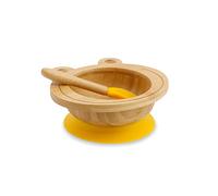 BIOZOYG Juego de bols de bambú rana I Bol con ventosa y cuchara - certificado FSC I bol de madera de bambú p. niños - bol de papilla y de cereales para bebés I vajilla de bambú para bebés amarillo