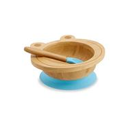 BIOZOYG Juego de Bols de Bambú Rana I Bol Con Ventosa y Cuchara - Certificado FSC I Bol de Madera Para Niños - Papilla y Cereales Para Bebés I Vajilla de Bambú Azul