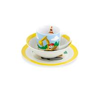 BIOZOYG - Vajilla para Niños de Porcelana - Juego de Desayuno de 3 Piezas, Apto para Lavavajillas, Juego de Plato Taza Cuenco Blanco con Diseño, Ideas de Regalo para Niños, Excavadora