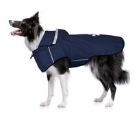 BiPawTi Abrigo impermeable para perros grandes, impermeable reflectante con capucha, suave y ligero, con cordón ajustable, tira reflectante, agujero para correa, azul, talla L