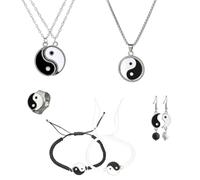 Biplut Juego de 7 piezas de joyería, Tai Chi Yin Yang para hombres y mujeres, pulsera trenzada hecha a mano ajustable + anillo de reloj de dedo + 2 collares para parejas + 1 par de aretes de gota +