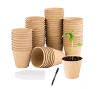 BIPY 100 macetas redondas de fibra biodegradable para plántulas con etiquetas de plástico para cultivar plantas, verduras, frutas, flores y jardines (100 unidades, 6 cm)
