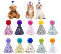 BIPY Paquete de 10 mini sombreros de fiesta para perros pequeños, sombreros de cumpleaños para cachorros, gatos, diadema ajustable, sombreros de vacaciones con lentejuelas, accesorios de aseo para