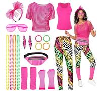 BIQIQI Disfraz Años 80 Mujer, 80s Accesorios de Traje, Diadema de Neón 80S Disfraz Mujer neón, Legging Encaje de Pendientes Fishnet Guantes Collar Pulsera Juego Calentadores de Piernas Fanny Pack