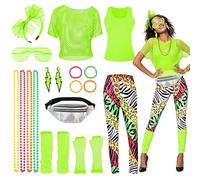 BIQIQI Disfraz Años 80 Mujer, 80s Accesorios de Traje, Diadema de Neón 80S Disfraz Mujer neón, Legging Encaje de Pendientes Fishnet Guantes Collar Pulsera Juego Calentadores de Piernas Fanny Pack