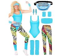 BIQIQI Disfraz Años 80 Mujer Disfraz Chándal años 80 Leotardo Legging Diadema Muñequeras Calentadores de piernas Pendientes Fanny Pack Traje de leotardo de los 80 para los años 80 y 90