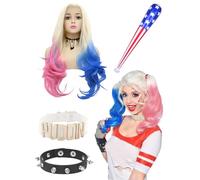 BIQIQI Disfraz de Cosplay Peluca, Accesorio de Peluca Quinn con Gargantilla de Peluca Collar Pulsera Palo Inflable Accesorio de Quinn Cosplay para Disfraces Halloween Carnaval Cosplay Fiestas