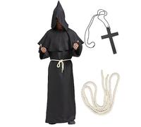 BIQIQI Disfraz de Monje Sacerdote Túnica Medieval Renacimiento Traje Fraile con capucha Túnica de monje con Cruz y Cuerda en la Cintura para Halloween Carnaval (M)