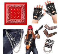 BIQIQI Hombres Punk Gothic Rocker Kit 70s 80s 90s Accesorios de Disfraces con Pantalones de Calaveras Llavero Pulsera de Cuero Guantes Punk Brazo Falso Tatuaje Manga Cubierta Hip-Hop Cintura