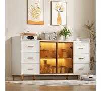 Biqzuya Aparador Elegan t- Mueble TV 160 x 44 x 87 cm - 6 cajones y puertas de cristal - Iluminación LED Ambiance Control remoto + asas de oro - para cocina, salón y dormitorio