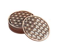 Birch Wood Coasters with Flower of Life Design - 10 Piece Set, 10x10 cm Size - Glass-Topped Wood Panel for Home Decoration