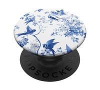 Bird Blue Floral Chinoiserie French Toile Flowers with Birds PopSockets PopGrip Adhesivo