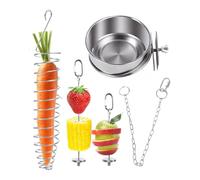 Bird Cage Bowls - Feeding Station Set for Parakeet Cockatiel Finch Care | Stainless Steel Cups with Foraging Skewers, Hanging Feeder Accessories for Fruit Vegetable Treat Display, 3.94x1.77 Inch
