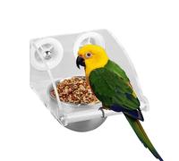 Bird Cage Feeder, Parrot Food Bowl, 11x15x10.5cm/4.33x5.91x4.13 Inches Transparent Container with Perch, Spill-Proof Design for Cockatiels, Finches, Conures, and Lovebirds