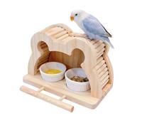 Bird Perch - Feeding Bowl Stand, Hangable Wooden Bird Perch with Splash-Proof Ceramic Feeding Bowl, Durable Stand for Foraging, Training & Chewing for Parakeet, Conure & Pet Birds Cage