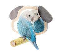 Bird Perch - Wood 15 x 12 x 16,8 cm Size | Cage Accessory with Puppy Ear Mirror | Fun Play Toy for Parakeets Cockatiels Finches to Prevent Boredom and Provide Mental Stimulation During Alone Time
