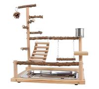 Bird Playground - Wooden Playstand, Natural Wood Activity Gym with Bird Swing Stainless Steel Cup Tray Set, Interactive Training Perch for Cockatiel Conure Finch Lovebird Ejercise Balance Climbing Fee