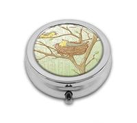 Birds in Spring Woods Nido en tonos pastel suaves patrón personalizado redondo SilverBox bolsillo 2.1 pulgadas - 3 compartimentosBox/pastillero bolsillo