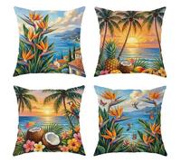 Birds of Paradise - Juego de 4 fundas de almohada cuadradas con cremallera oculta, diseño tropical vibrante de coco, piña, verano, naranja, para sala de estar, cama, oficina, sofá, silla, decoración